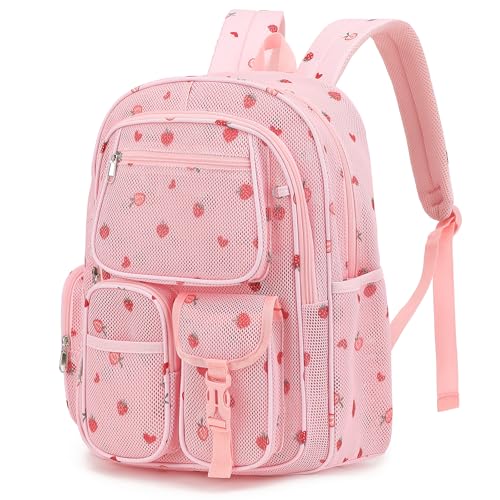 Pepailug Mesh Backpacks for School Heavy Duty Breathable See Through Bookbag for Women Girls Boys Kids Large Capacity Mesh bag for Beach Swimming Gym Work Travel- Strawberry Pink