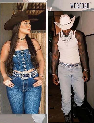 Image of WERFORU Women Men Western Rhinestone Studded Leather Belt Unisex Bling Cowgirl Cowboy Waist Belt for Jeans Pants Dress