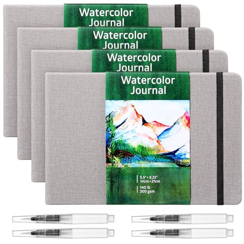 Image of Dispowreath 4 Set Watercolor Sketchbook Journal with Watercolor Brush Pens 300 GSM Cotton Paper Portable Square Small Pocket Notebook Travel for Painters Art Supplies(Grey,5.5 x 8.25 Inch)