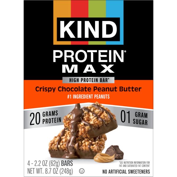 Image of KIND Protein MAX Bars, Crispy Chocolate Peanut Butter, Gluten Free, Low Sugar, High Fiber Snacks, 20g Protein, 24 Count