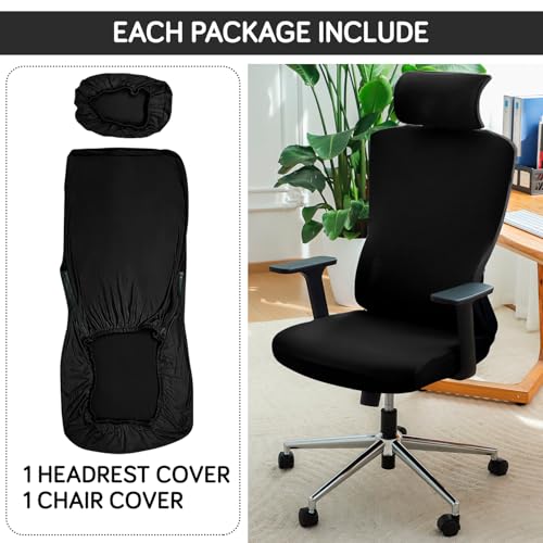 Image of HOKIPO 'SereneSolids' 140 GSM Office Chair Cover with Headrest (High-Back) - 140 GSM Stretch Fabric - Washable, Anti-Slip Fit for Ergonomic Mesh Office Chairs, Black (AR-5369-BLK)