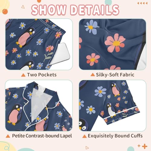 Penguin with Small Flower Satin Summer Pajama Sets Silk Short Sleeve Button Down Sleepwear3