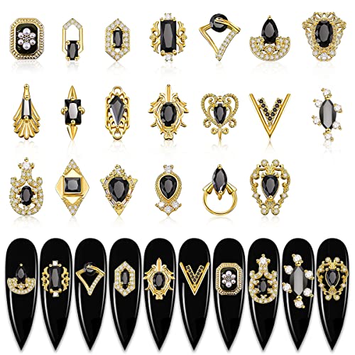 20Pcs 3D Nail Charms Gems - 24K Gold Metal Jewels Stones Luxury Black Zircon For 3D Nails Art Diy Decoration Accessories，Not Nail Ab Crystal Rhinestones Material #TOP2