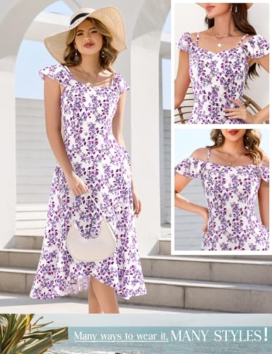 Image of Aupuls Women Off Shoulder Summer Floral Dress 2025 Casual Beach Vacation Midi Dresses