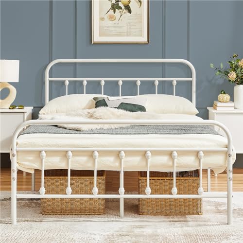 Yaheetech Cadre de Lit en Métal 140×200 cm Vintage Lit avec Sommier Haute Tête de Lit Armature Métallique à 6 Pieds de Support Blanc
