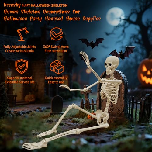 Image of breesky Life Size Skeleton for Halloween: 4.43ft Realistic Human Anatomy Full Body Skeleton Model with Posable Movable Joints - Skeletons for Outdoor Yard Haunted House Atmosphere Decoration (1PC)