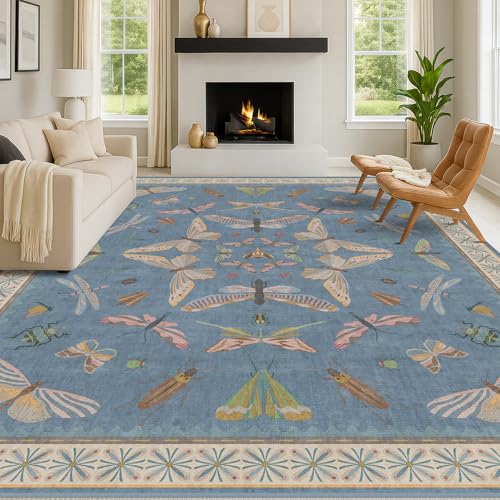 Washable Living Room Rug 8x10, Dusty Blue Area Rugs for Bedroom Under Bed, Dining Room Under Kitchen Table, Kids Room, Playroom, Lage Modern Boho Carp