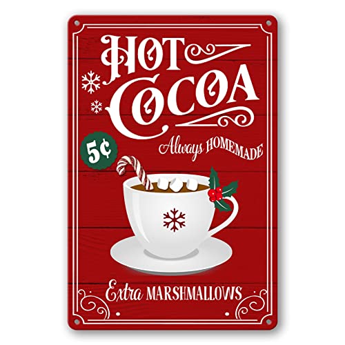 JIMOWANG Señales de Navidad Hot Cocoa Bar Metal Sign Decor para el hogar Vintage Christmas Coffee Cocoa Sign Hot Chocolate Bar Sign Wall Decorations 8x12 pulgadas