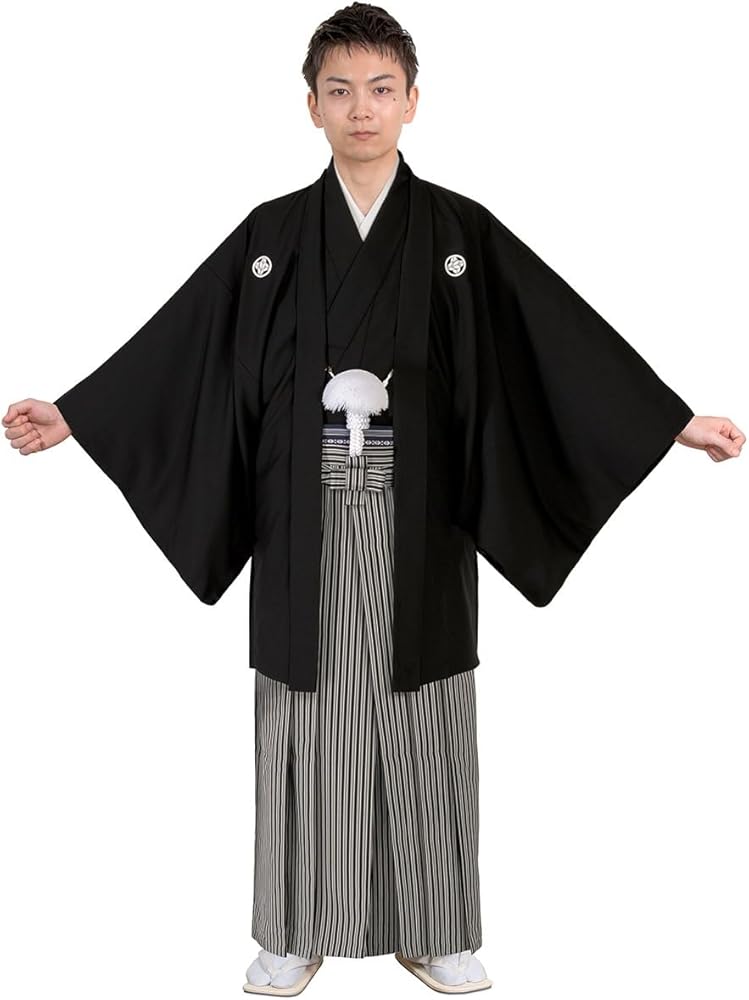 京のみやび] 男性用 黒紋付 羽織袴セット 子持ち縞 馬乗り袴 紳士和装