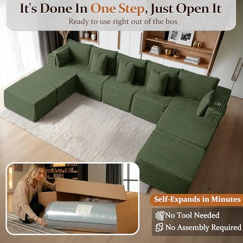Image of 168 inch Cloud Sectional Couch, Comfort U Shaped Sofa for Living Room, Extra Deep Seats No Assembly, Minimalist Modular Couch, Corduroy (Olive Green, 9 Seats,U-Shape B)
