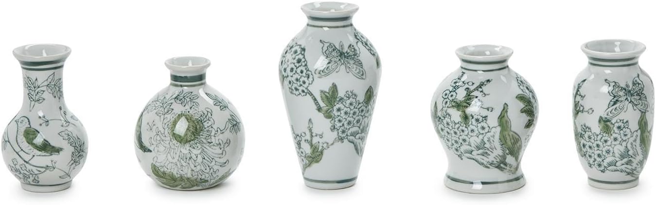 Two's Company Primrose and Lotus Mini Chinoiserie Vases, Porcelain, Set of 5