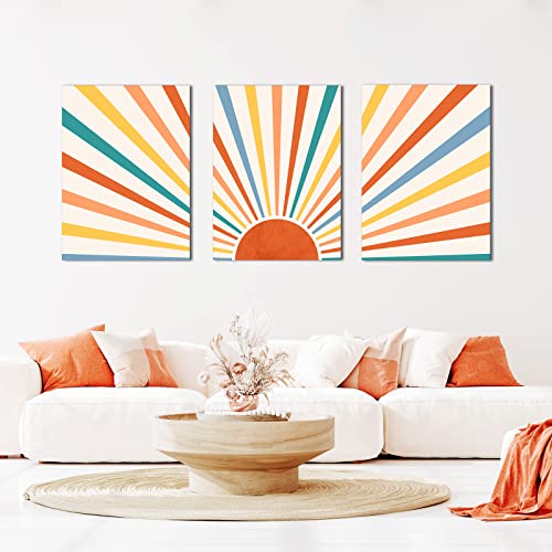 Boho Wall Art Set Of 3 Sun Wall Decor Framed Canvas Wall Art Mid-Century Modern Rainbow Red Sun Rising On The Horizon Boho Wall Decor For Bathroom, Bedroom, Living Room, Office 12 * 16Inch #TOP1