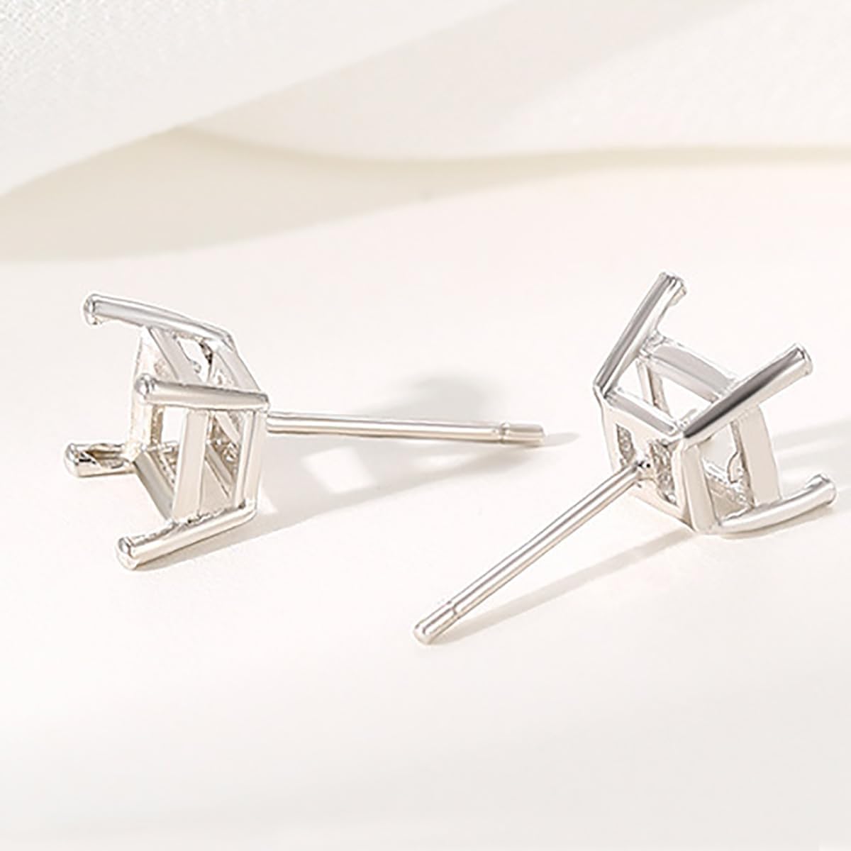 2 Pairs 925 Sterling Silver 4 Pongs Stud Post Earring Base Earwires Cabochon Setting fit 4X4/5X5/6X6/7X7mm Square Gemstone Mounting DIY Jewelry Gift for Women
