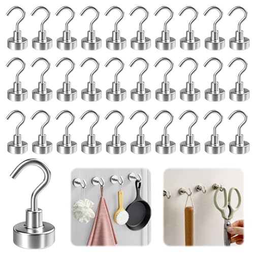 30PCS Neodymium Magnetic Hook Set - Heavy Duty Strong Metal Hangers for Ship, Cruise, Kitchen, Garage, Office, Fridge - Silver Hooks for Keys, Tools, Clothes Hanging Essentials