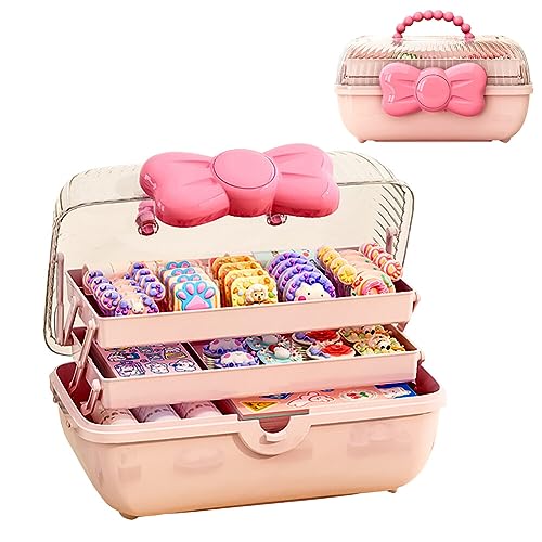 Image of GKWW Cute Girls Hair Accessories Storage Box Bow Switch Organizer Box Jewelry Box, Plastic Hair Ties Holder Hair Clips Container Storage Box for Home, School, Office(Pink)