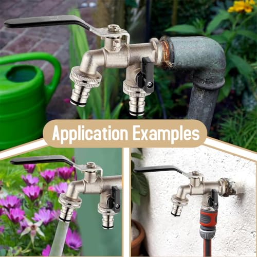 Image of HASTHIP Water Tap, Garden Faucet Splitter, 1 in 2 Out Zinc Alloy Hose Y-Connector, Dual Water Tap Adapter with Individual Shut-Off Valves for Garden, Lawn & Outdoor Irrigation