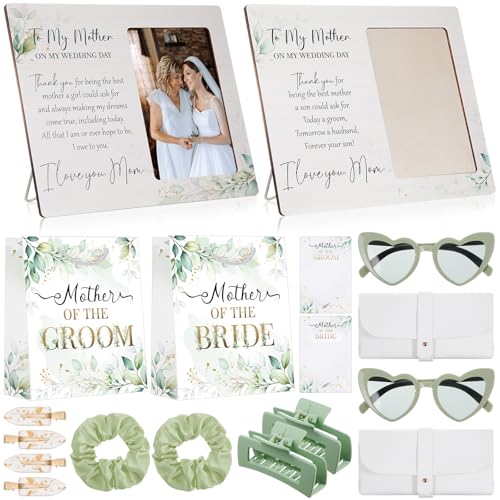 18 Pcs Mother of The Bride and Mother of The Bridegroom Gifts Set Includes Picture Frame Hair Clips Scrunchies Sunglasses, Eucalyptus Leaf Theme Bag and Card for Mom Bridal Shower Wedding Gifts