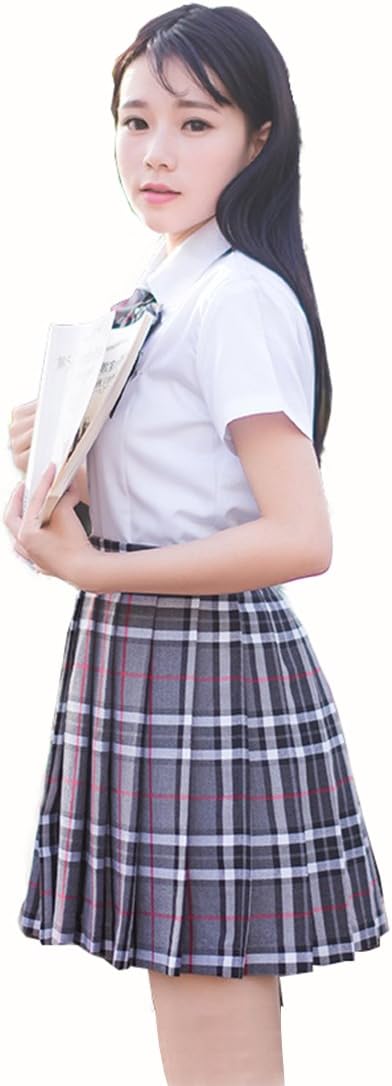 Women Girls Short Plaid Pleated Skirts Uniform Cosplay Costumes 2 Grey Mixed White