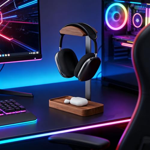 Soporte de madera para auriculares diadema, base resistente para mesa de escritorio 6