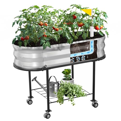 The Home Cult Raised Garden Bed with Legs and Wheels, Self-Watering Planter Box, Wicking Bed, Galvanized Metal Elevated Raised Bed Cart with Drainage Hole and Liner for Indoor Outdoor Gardening