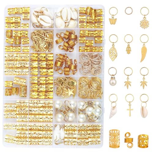 COMNICO 230 Stück Dreadlocks Schmuck Verstellbar Metall Cuffs Haarschmuck mit Aufbewahrungsbox Haarringe Perlen-Set Festival-Haar-Accessoires Revel Modische Styling-Tools Dekorationen