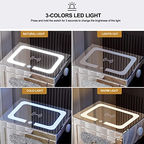 Ikifly Mirrored Nightstands End Table With Wireless Charging And Color-Changeable Led Lights, Sliver Modern Side Table With Usb Ports And 3 Crystal Drawers Storage Cabinet For Living Room Bedroom #TOP3