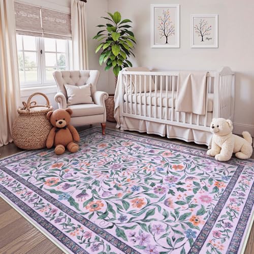 Image of Collive Purple 5x7 Area Rug, Floral Machine Washable Rug for Bedroom Girls, Boho Non Slip Soft Ultra Thin Throw Indoor Rugs for Living Room Nursery Kids Playroom Dorm Dining Room