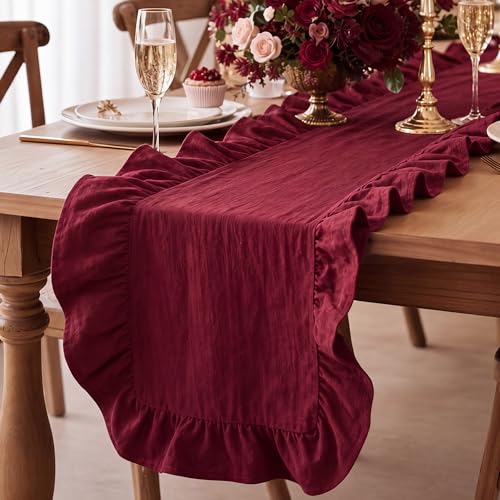 Windkream Burgundy Ruffled Table Runner 72", Solid Color