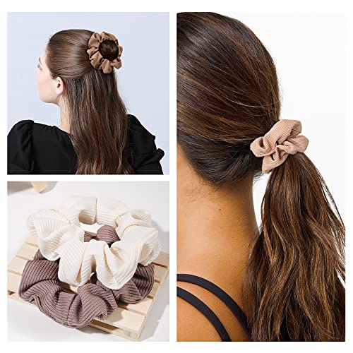Image of Ivyu Scrunchie, Big Cotton Scrunchies for Women's and Girls, Brown Service, 4 Count, for All Hair Types, No Crease or Damage