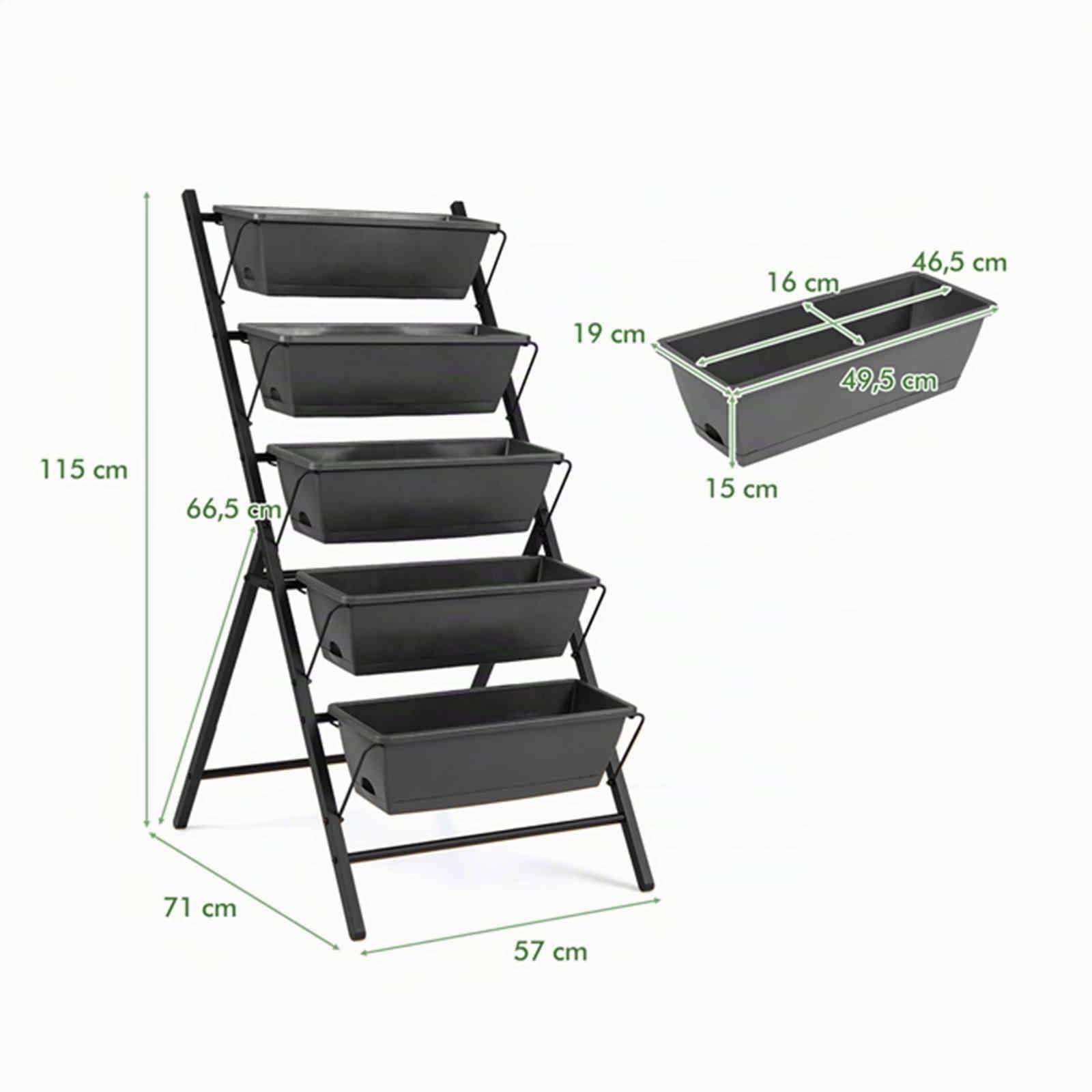 HOMASIS Fioriera Verticale da Giardino, con 5 Vasi con Fori di Drenaggio, Orto Rialzato a Scaletta in Metallo, per Piante, Fiori, Salvaspazio, per Interno e Esterno, 71 x 57 x 115 cm (Nero)