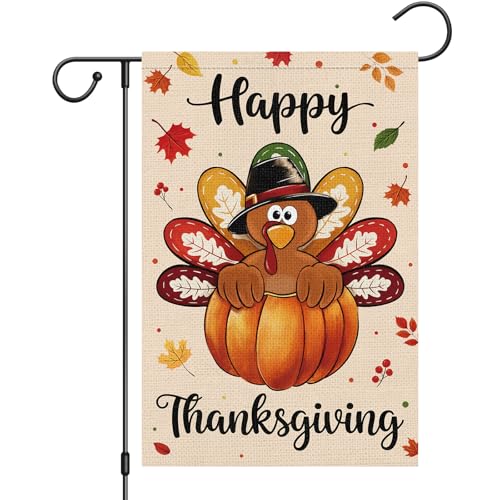 Heyfibro Happy Thanksgiving Turkey Garden Flag 12 x 18 Inch Vertical Double Sided Burlap Fall Pumpkin Maple Leaves Yard Flags for Thanksgiving Day Harvest Seasonal Outdoor Decoration(ONLY FLAG)