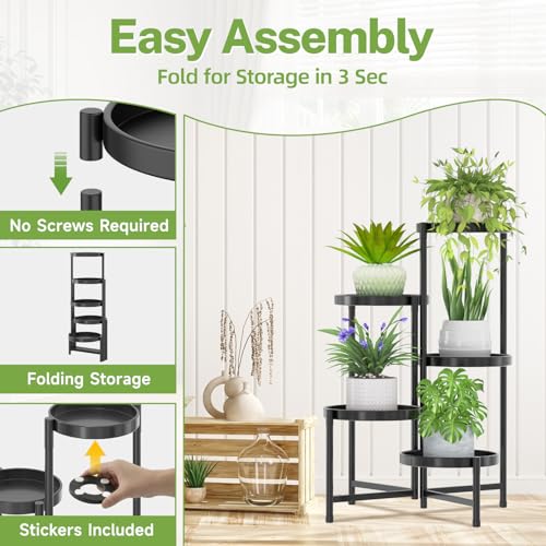 Image of iDavosic.ly 5 Tier Large Plant Stand Indoor with Grow Light, Tiered Corner Metal Outdoor Flower Display Holder Shelf with 10 Inch Wide Tray, Folding Tall Rack for Patio Porch Living Room, Black