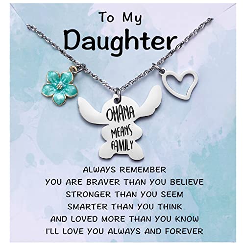 To My Young Daughter Stitch Gift Ohana Means Family Necklace&Message Card For Little Lilo Stitch Lover Daughter From Mom Dad, Stitch Jewelry Birthday Graduation Christmas Gifts For Teen Girls #TOP29