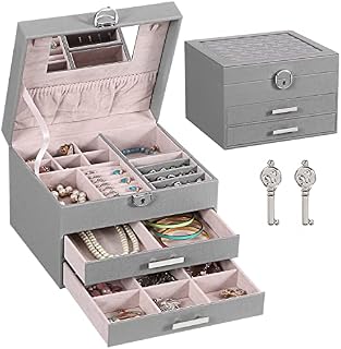 ANWBROAD Jewellery Box for Girls Jewelry Organizer Box with 3 Drawers Mirror and Lock Soft Lining for Girls Earring Necklace Ring and Jewels Women Jewelry Box JJB010H