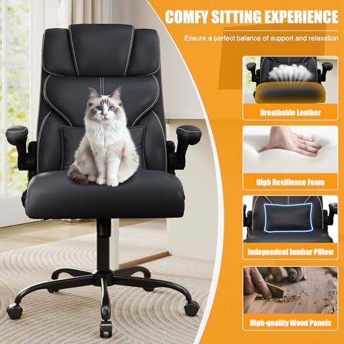 Executive Office Chair with Flip-up Armrests,Ergonomic Computer Desk Chairs,Mid-Tall Back Leather Office Chair 400 Lbs,Lumbar Support Swivel PC Chair with Rocking Function image 5