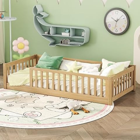 Twin Size Kids Montessori Floor Bed,Twin Floor Bed Frame with Slats,Solid Wood Twin Bed Frame for Girls Boys,Natural Cover