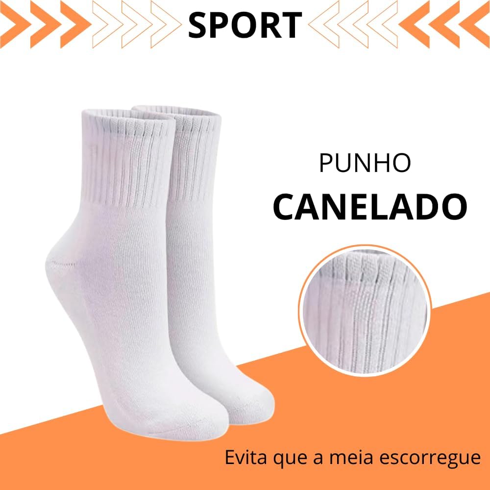 Meia Cano Médio Kit 6 Pares Meias Esportiva Branca, Punho Canelado, Adulto Unissex