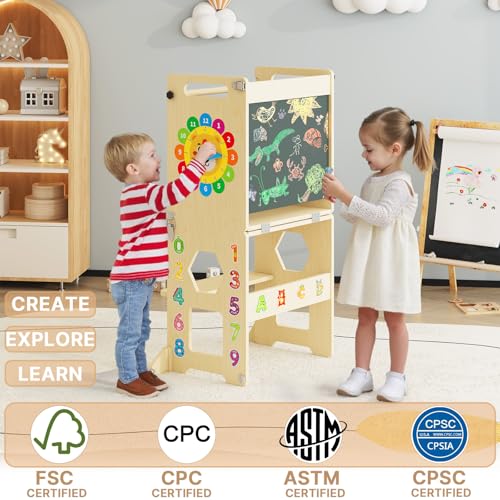 Lernturm ab 1 Jahr | 4-in-1 Lernturm Klappbar für Kinder |Learning Tower mit Tafel und Lernuhr aus Holz | Küchenhocker für Kleinkinder | Aus Nachhaltigem Holz | Stabiler Montessori