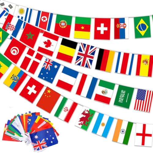 100 Países Banderas del Mundo, 30M Banderines de Países Diferentes de 14 x 21 cm, Guirnalda Banderas del Mundo para Bar, Fiesta, Eventos Internacionales y Celebración Decoraciones