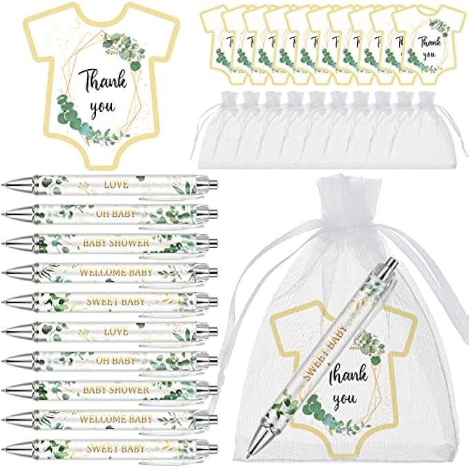 Ctosree 50 Set Baby Shower Pens with Baby Shower Cards and Organza Bags 50 Pcs Greenery Baby Shower Greeting Cards 50 Pcs 1.0 mm Black Ink Ballpoint Pens 50 Pcs Storing Bags for Baby Shower Decors