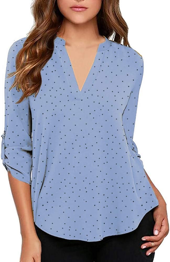 roswear Women's Polka Dots Roll Tab Long Sleeve Blouse Shirt