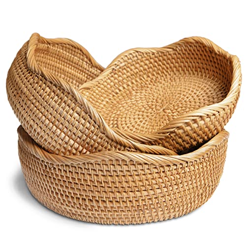 HITOMEN Handmade Rattan Bread Baskets Round Wicker Fruit Serving Storage Bowls Natural Woven Decorative Kitchen Counter Organizing Honey Brown Set of 3