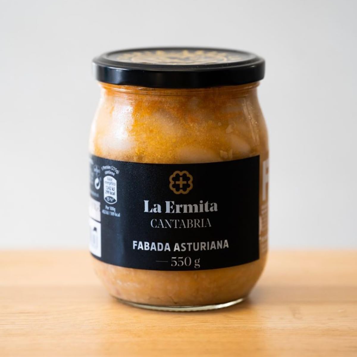 LA ERMITA Fabada Asturiana, Receta Tradicional con Fabes, Chorizo, Panceta y Morcilla, Sin Gluten, Conserva en Tarro de Vidrio, Lista para Calentar 550 g, (Pack 4 unidades)
