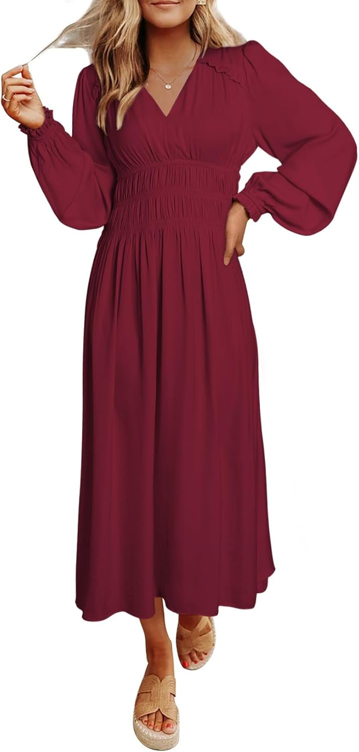 BLENCOT Womens Casual Long Sleeve Tiered V Neck Dress Pleat Ruched Ruffled Dress Solid Color Flowy Swing Midi Long Dresses - Image 6