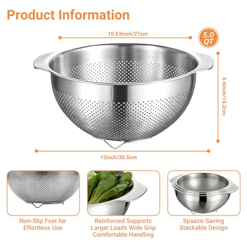 Image of Colanders & Food Strainers,Stainless Steel Colander,1 Pcs Kitchen Strainers(5QT),2mm Micropore Strainer for Pasta, Rice, Vegetables,Dishwasher Safe Metal Colander with Handles,Kitchen Gift