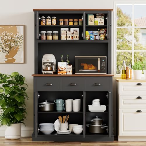 Image of 71 inch Kitchen Hutch with Charging Station, Tall Pantry Storage Cabinet with Microwave Stand, Adjustable Shelves, Slide Drawers, Large Buffet Pantry Cabinet for Kitchen, Dining Room, Black