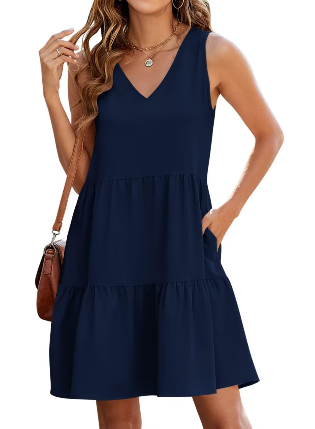 QACOHU Women's Summer Sleeveless V Neck Mini Dress with Pockets Casual Sundress Beach Dresses for Women 2026