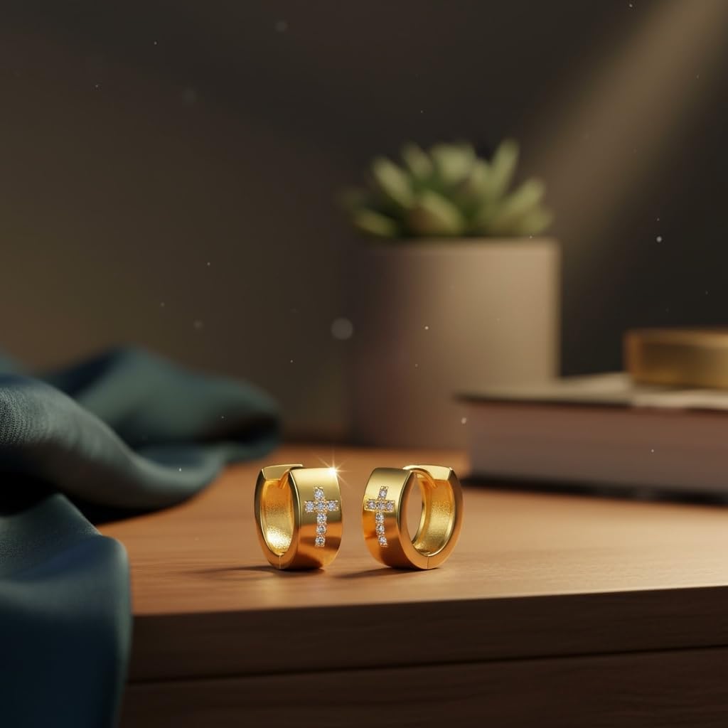 CZ Cross Yellow Gold Huggie Hoop Earrings, 18K Gold Plated Small Hinged Earrings with Cubic Zirconia, Religious Fashion Jewelry for Women - Image 6