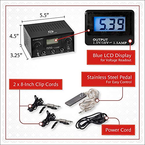 One Tattoo World Dual Tattoo Machine Power Supply | Digital Lcd Display | Stainless Steel Pedal & 2 Clip Cords | Black #TOP3