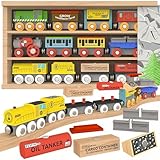 Wooden Train Set 12 PCS Magnetic Toy Train Cars with Storage Box Cover Tunnel Compatible with Thomas Brio Melissa and Doug Wooden Railway Toys for Grandkids Kids Toddlers Boys Girls